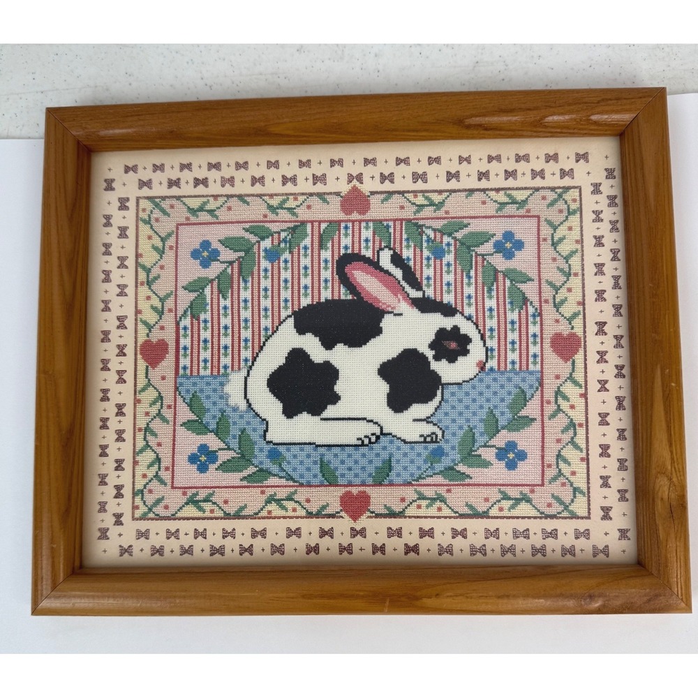 Cross Stitch Bunny Rabbit Handmade Framed 11x9 Black & White Rabbit Garden
